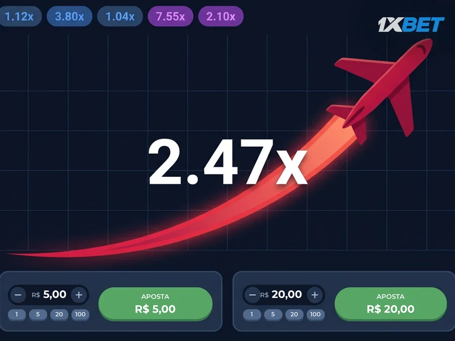 Rodada de crash game na 1xBet com multiplicador e campos de aposta em reais