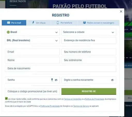 Formulário de registro da 1xBet com país Brasil, moeda em real e campo de código promocional